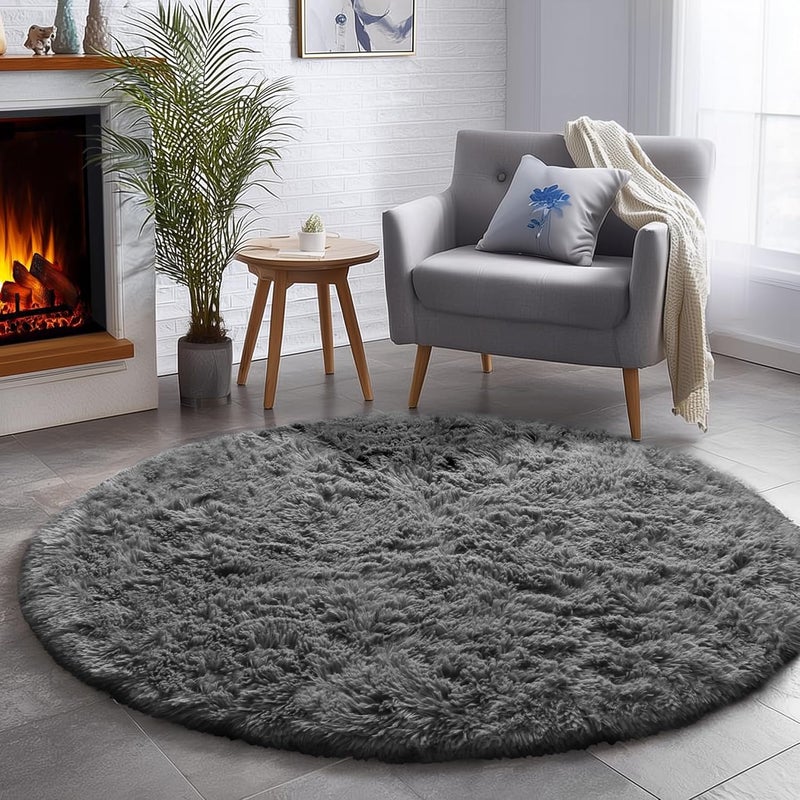 Amdrebio Grey Round Rugs 4Ft for Living Room Bedroom, Fluffy Fuzzy Shag Shaggy Circle Area Rug for Kids Room Home Office Decor Aesthetic, Furry Soft Plush Indoor Floor Gray Carpet for Baby Nursery Preppy Dorm - Image 4